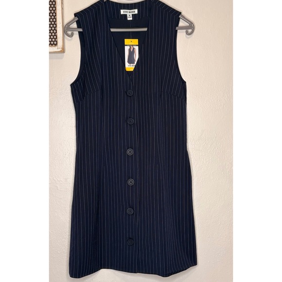 Steve Madden Dresses & Skirts - Steve Madden Pinstripe Dress Womens Medium Navy NWT Button Front Vest Mini